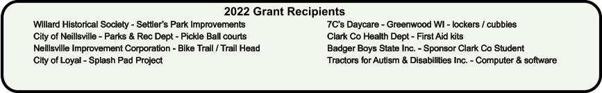 2022 Grant Recipients Willard Historical Society - Settler’s Park Improvements City of Neillsville - Parks & Rec Dept - Pickle Ball courts Neillsville Improvement Corporation - Bike Trail / Trail Head City of Loyal - Splash Pad Project  7C’s Daycare - Greenwood WI - lockers / cubbies Clark Co Health Dept - First Aid kits  Badger Boys State Inc. - Sponsor Clark Co Student Tractors for Autism & Disabilities Inc. - Computer & software